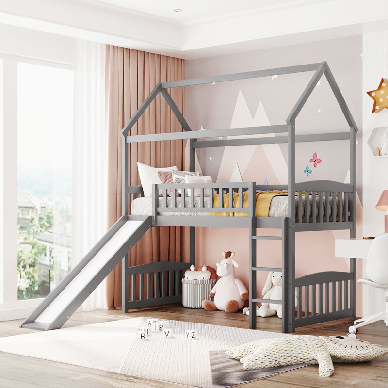 Lit mezzanine, lit maison avec glissade, Gris