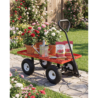Chariot de jardin robuste de 400 lb - Chariot de jardin en acier utilitaire - Pneus tout-terrain de 10 po - Côtés en filet amovibles, doublure imperméable - Manœuvres faciles pour la pelouse, la ferme et le jardinage extérieur - Rouge