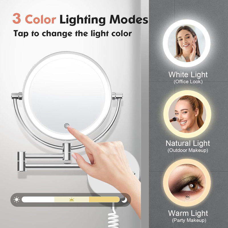 Tabit Metal Round LED Lighted Magnifying Wall Mounted Bathroom Vanity Makeup Mirror, Plug-In, Chrome