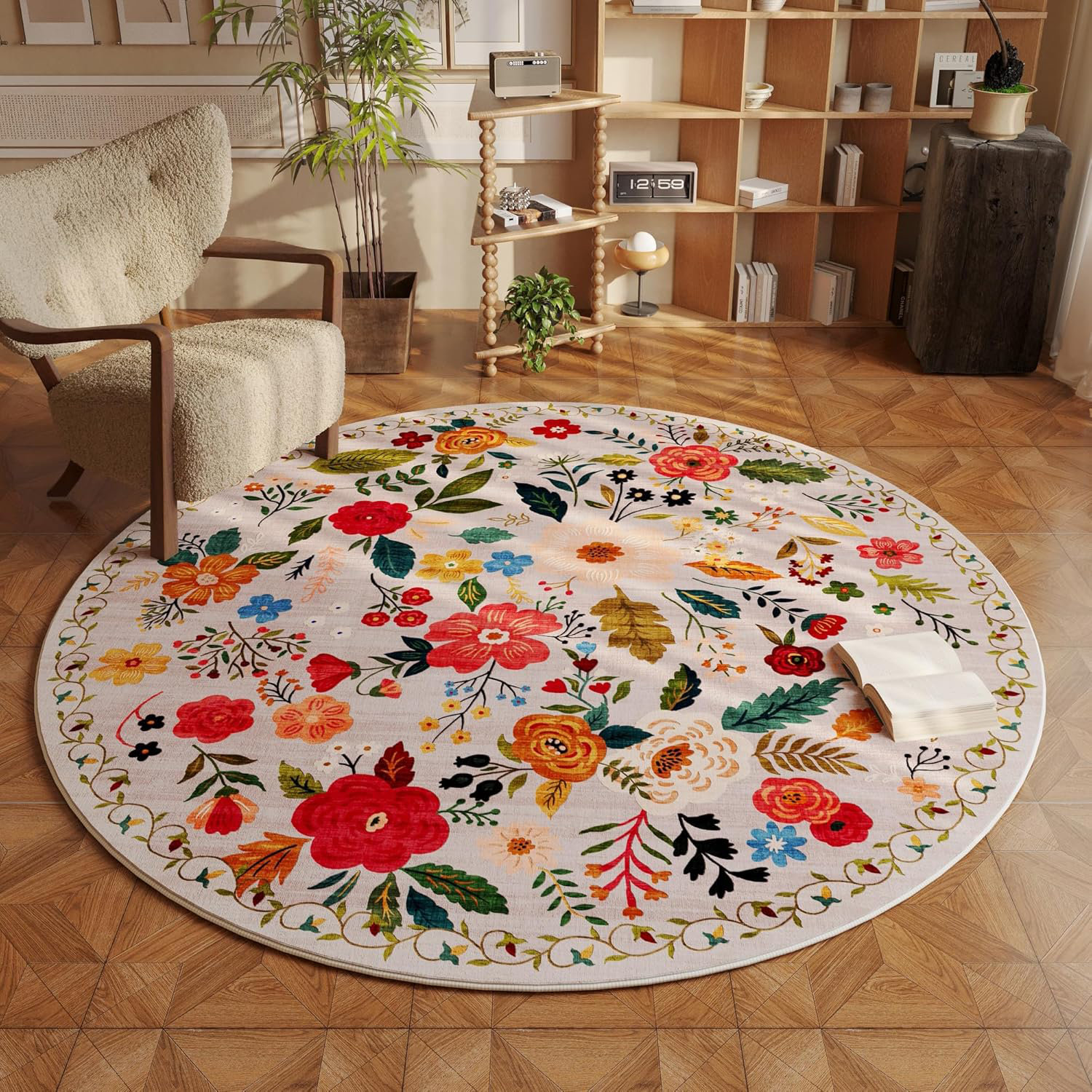 Lark Manor 4Ft Washable Circle Rug Non Slip Low Pile Boho Floral Small ...