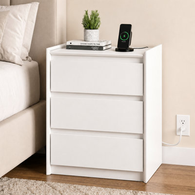 Modern Minimalist Nightstand with 3 Drawers & Hidden Charging Station, White