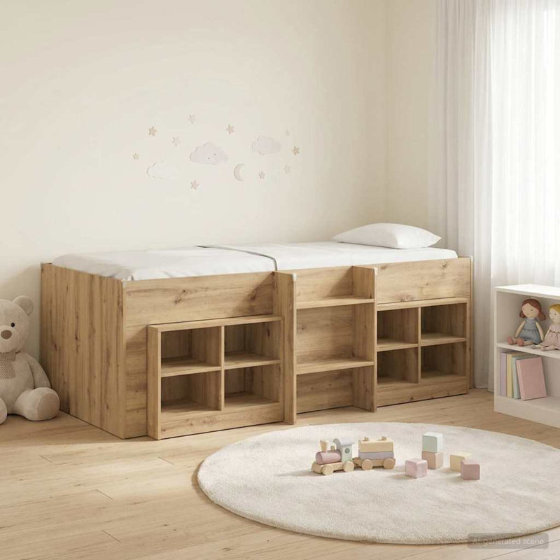  Loft Bed Frame with Cabinet with Storage Engineered Wood Space-Saving, European Single (90 x 200 cm), Artisan Oak