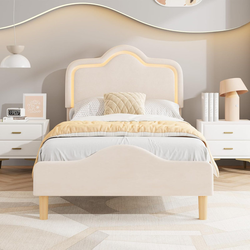 Twin XL Velvet Bed Frame with LED Headboard  Footboard  Princess Platform for Kids  Slats  Beige, Beige, Twin XL