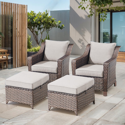 Tya Outdoor Wicker Rattan Lounge Chairs With Cushions And Ottomans