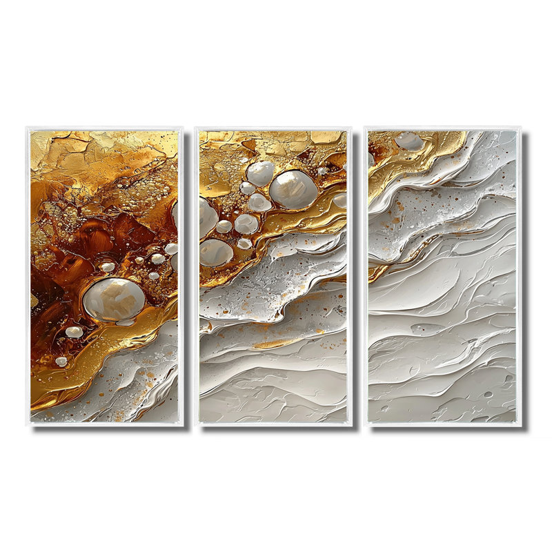 Rivière dorée de Calacatta, marbre abstrait I - décoration murale en marbre - 3 pièces, H 28 po x l 36 po, Blanc