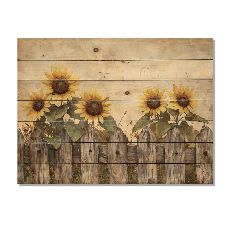Sunflowers Along The Barn Fence II - Sunflowers Wood Wall Art - On Natural Pine Wood, 24" H x 32" W x 0.78" D