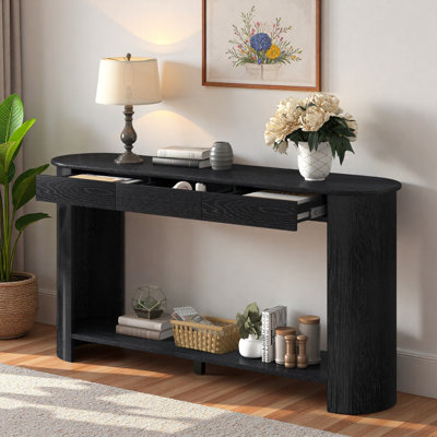 Console moderne avec 3 tiroirs, tablette inférieure ouverte et pieds semi-circulaires