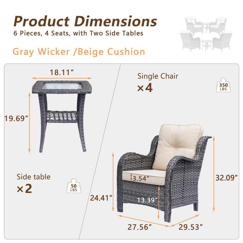 Outdoor Patio Single Chair With Cushions (set Of 6), Grey