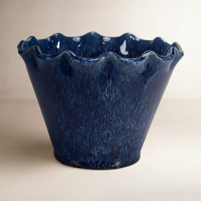 Stoneware Planter With Ruffled Edge And Drainage Hole With Reactive Glaze