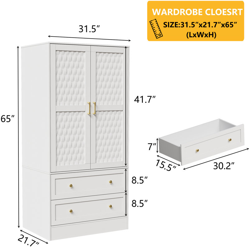 White MDF Freestanding Armoire Wardrobe Closet with Woven Doors