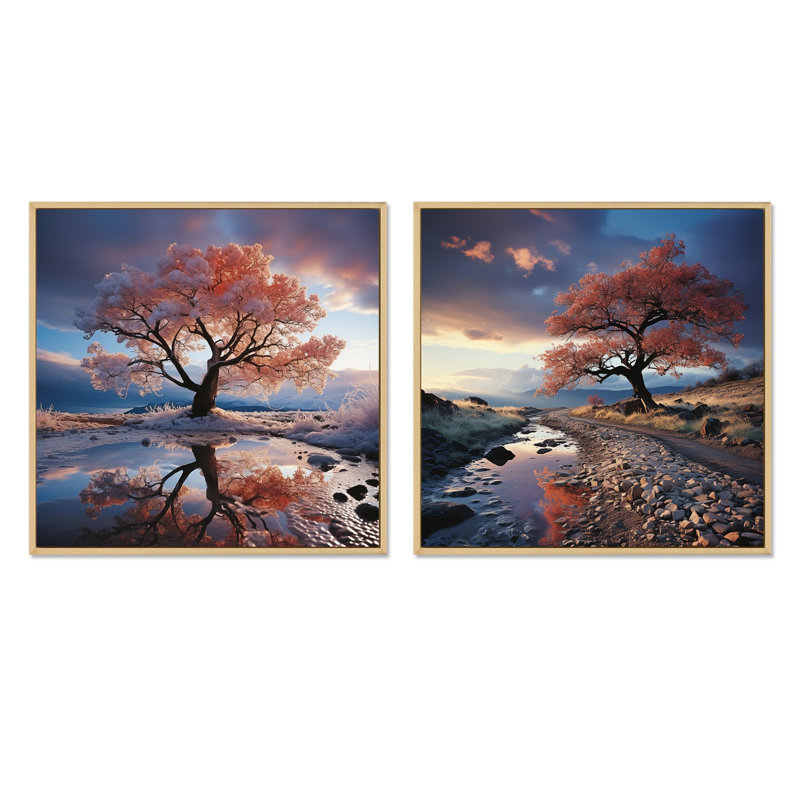 Arbre arc-en-ciel, paysage d'hiver - ensemble de 2 arbres carrés, Cadre flottant brun, H 16 po x l 33 po