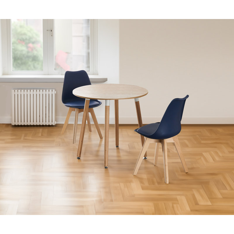 Franconia 2 Person Dining set - a Round Plastic Dining Table with Wooden Legs and a Set of 2 Faux Leather Cushion Padded Dining Chairs for Dining Room - Modern Dining Table Set