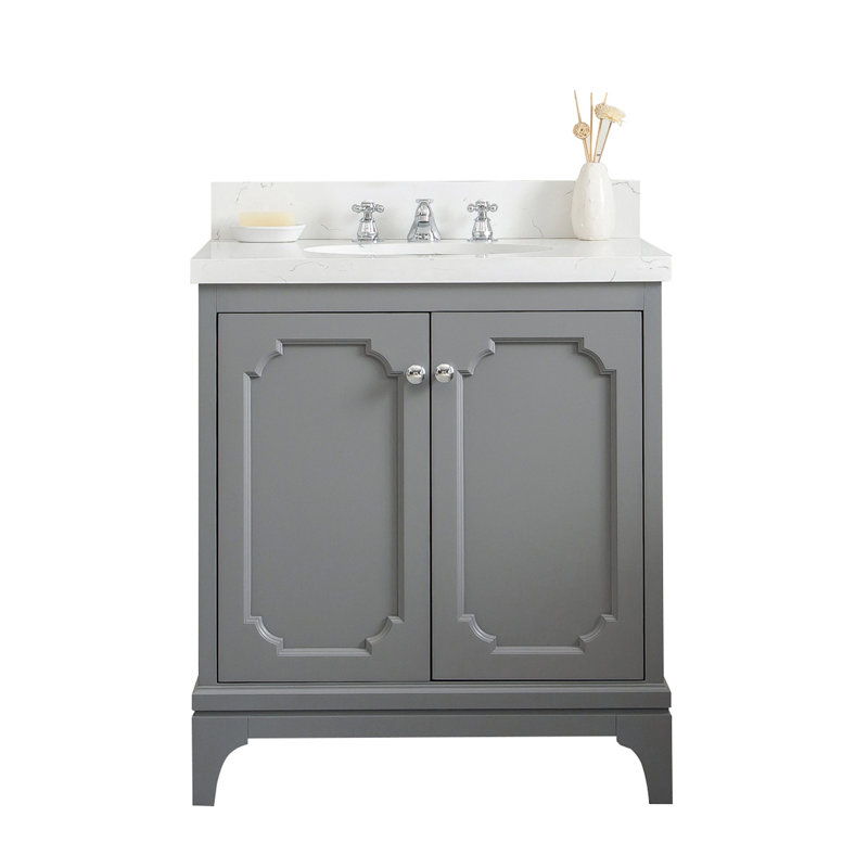 Queen 30" Sink Carrara Quartz Countertop Bath Vanity with Faucet, Pure White, Standard