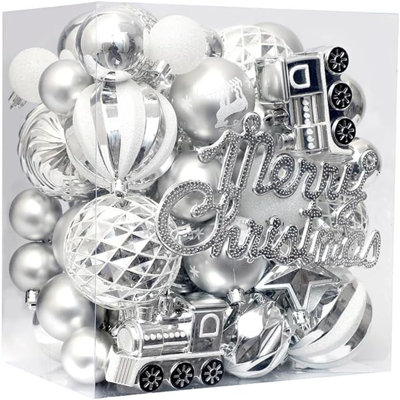 Ensemble d'ornement 65 pièces - Argent / Blanc / Or, incassable pour arbre ou guirlande
