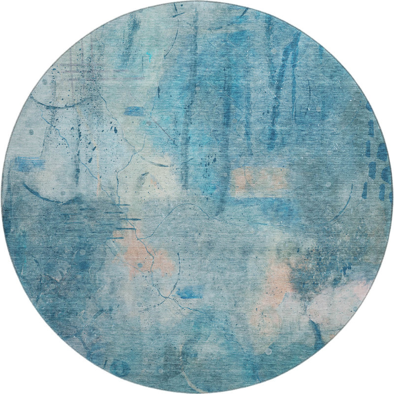Tapis abstrait lavable à la machine de qualité supérieure Mayfield AMF2032, Bleu, Rond 8 pi