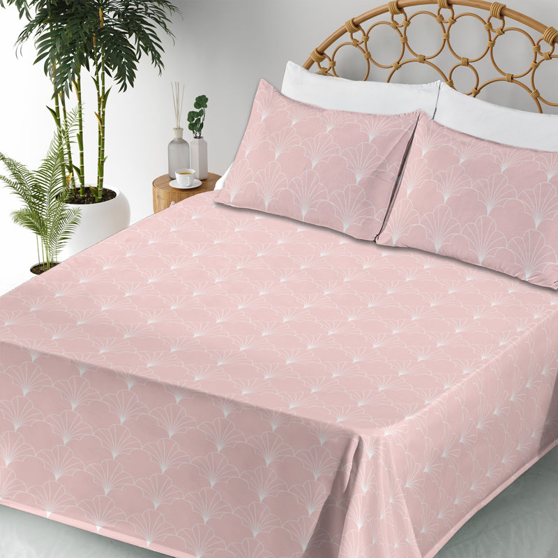 Microfiber Sheet Set, Full Sheet Set with 2 Pillowcases, Rose/White Geometric