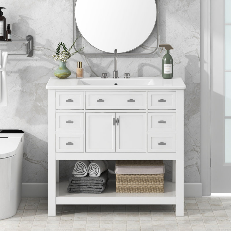 Meuble-lavabo 36 po avec lavabo supérieur, armoire de rangement moderne avec 2 portes à fermeture douce et 6 tiroirs, meuble-lavabo simple