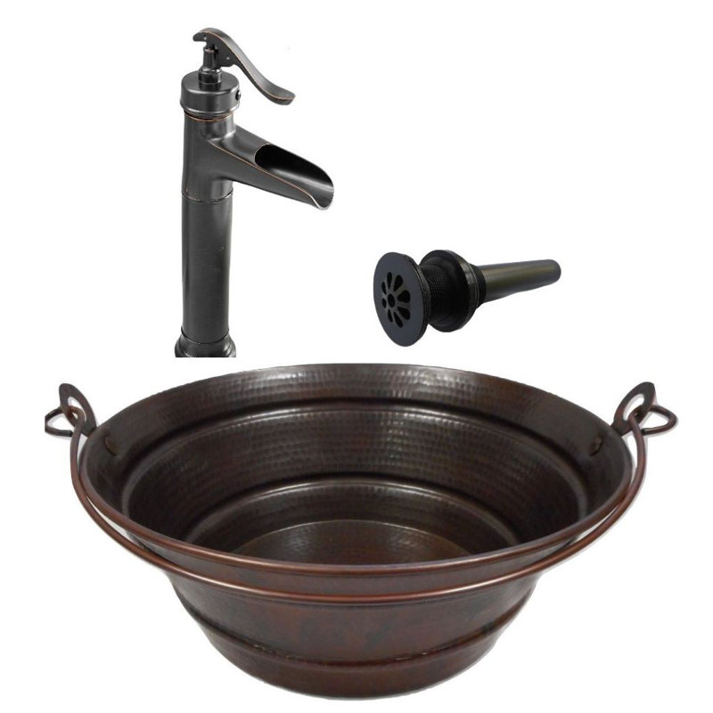 15" Round Copper Vessel Bucket Bath Sink, Faucet Kit Included