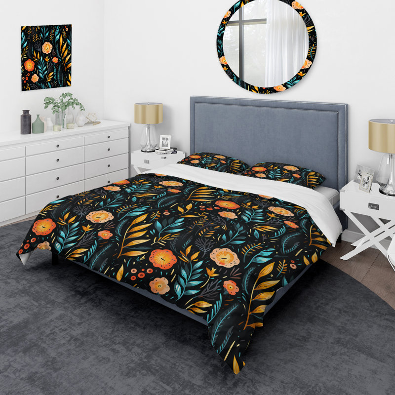 Ensemble de housse de couette à motif floral orange et bleu Tribal Botanical, Housse de couette pour très grand lit et 2 très