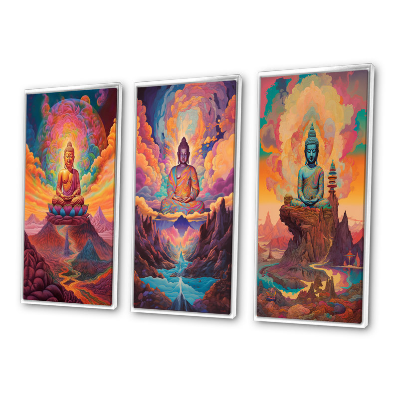 "Bouddha psychédélique dans les montagnes III", 3 pièces sur toile, Cadre blanc, H 36 po x l 20 po