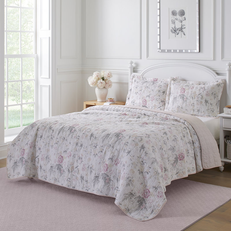 Ensemble de courtepointe réversible en coton Celina, Courtepointe pour lit simple + 1 taie décorative, Rose / Gris
