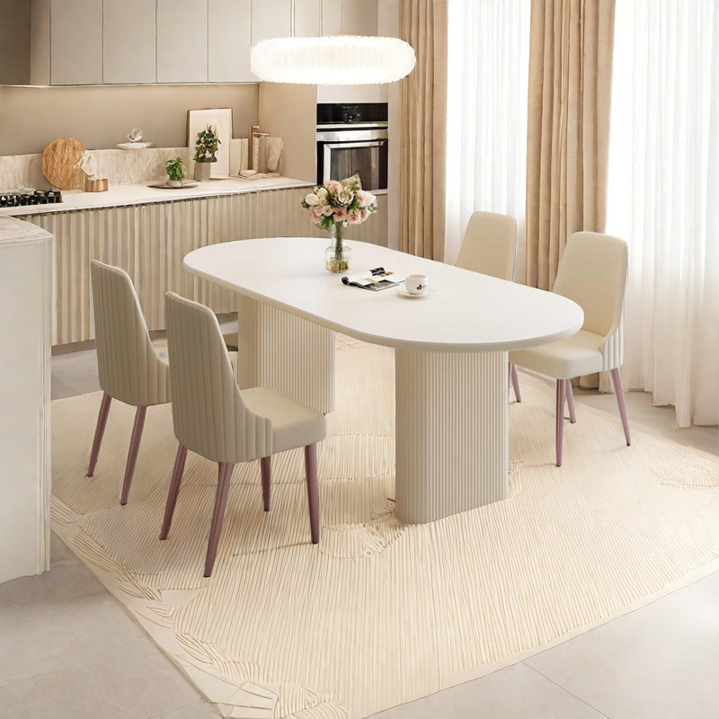 Table et chaises ovales pour la maison, H 29,92 po x L 78,74 po x l 35,43 po, Blanc / brun