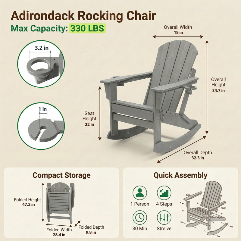 Rocking Outdoor Adirondack Chair With Table, Gray