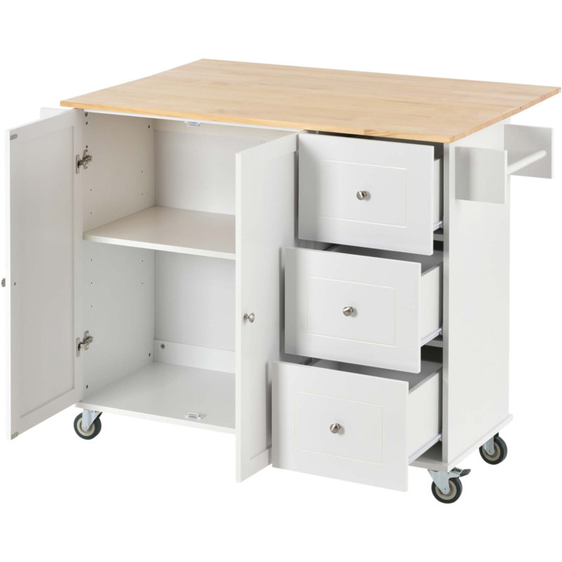 Îlot de cuisine mobile avec plateau en bois massif, roulettes verrouillables et multiples options de rangement pour plus de fonctionnalité et de commodité.