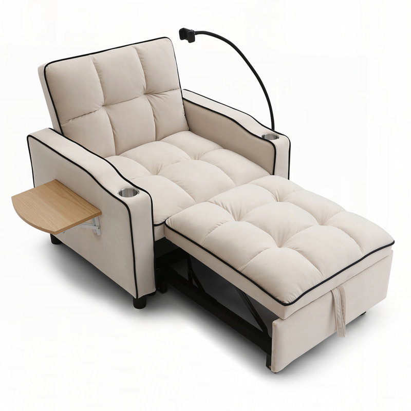 Fauteuil-lit convertible en velours, fauteuil-lit coulissant réglable avec porte-gobelet, Velours beige