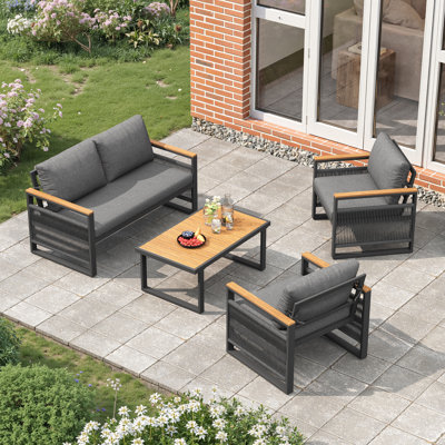 4 Seater Garden Set With Plastic Wood Coffee Table & Handrail, Polyester Rope Outdoor Set With Sofa And Armchairs, Weatherproof Outdoor Patio Sofa For Balcony And Terrace, Linen, Grey
