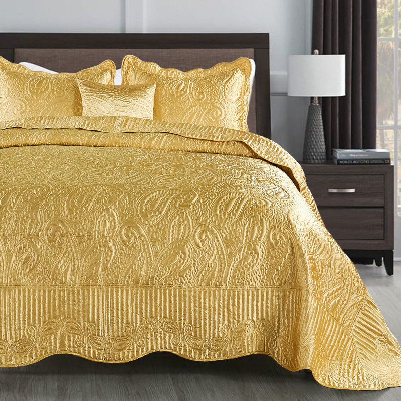 4 Piece Quilted Satin Bedspread Set, Gold, Queen Quilt + 2 Queen Shams + Throw Pillow