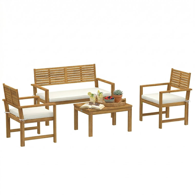 Garden Sofa Set, Cream White Cushion/Natural Frame
