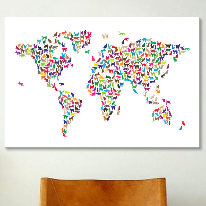 « chats world map »-impression sur toile tendue Karlskrona, H 18 po x l 26 po x P 1,5 po, Pas de tapis, Toile tendue