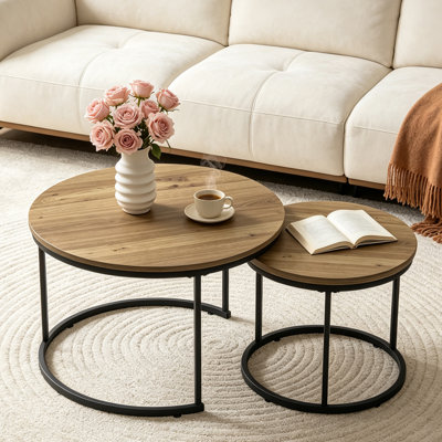 Table basse gigogne 2 pièces 27,6 po, plateau en bois à imprimé marbre et table de bout latérale en métal