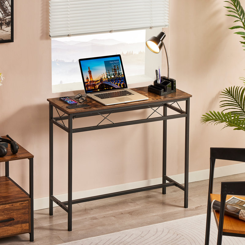 Ramsdell console table with built-in outlets, Brown, 31.5" H x 39.4" W x 11.8" D