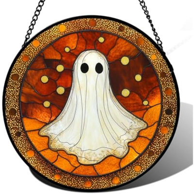 Stained Glass Window Hanging - Halloween Decorations White Ghost Suncatcher For Doors Garden Indoor Spooky Funny Orange Sun Catchers Gothic Decor Horror Gifts For Women Men Friend 15 In