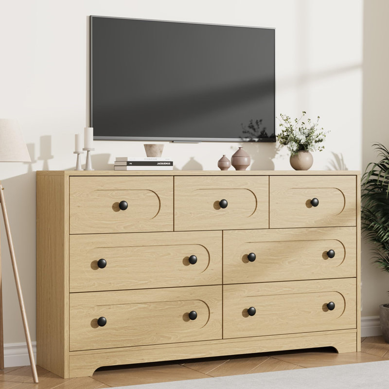 Commode 7 tiroirs en panneau de fibres à densité moyenne avec design ovale cannelé, Beige