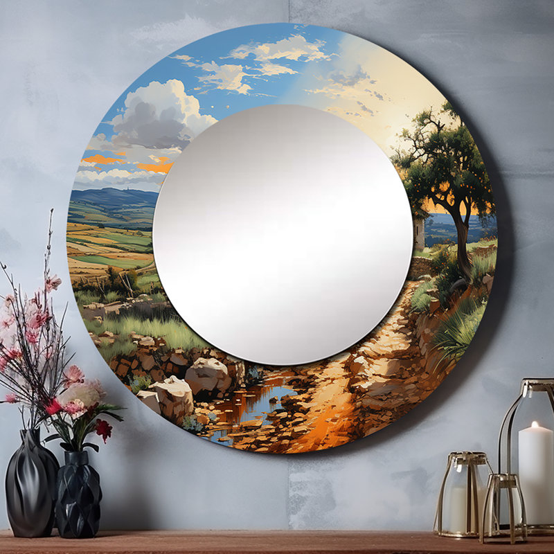 Italie, campagne sicilienne I - miroir décoratif rond, miroir mural vert, impression sur métal, 29 po x 29 po