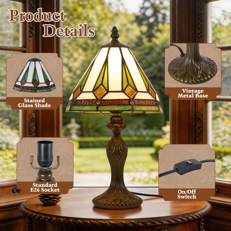 Lampe de table en verre coloré de style rétro Tiffany de 14,2 po de hauteur pour salon de chambre à coucher