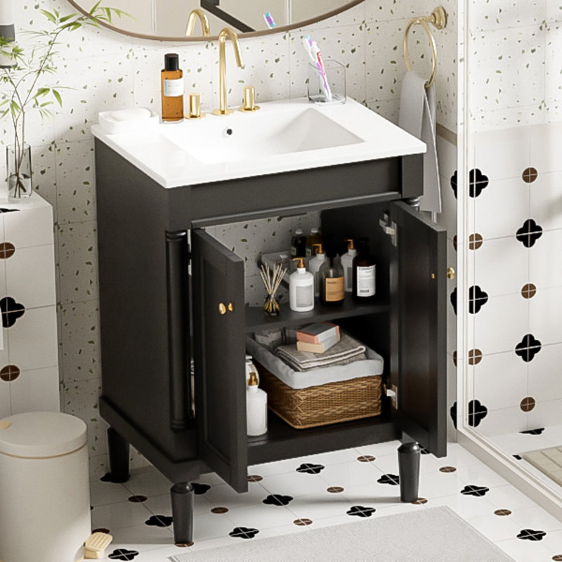 24'' Bathroom Vanity With Top Sink, 2-Tier Modern Bathroom Storage Cabinet, Single Sink Bathroom Vanity, Large Storage Shelves