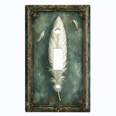 Metal Light Switch Plate Cover; US Standard Size 1 Gang Toggle - Printed Image of Rustic White Feather