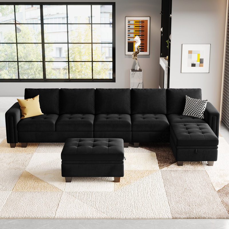Canapé modulaire rembourré en velours de L avec coussins de rangement en forme de L 6 pièces Shavera, Velours noir
