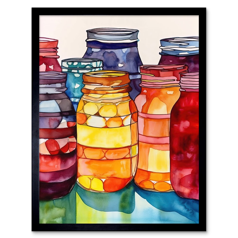 Coloured Glass Canning Jars Still Life Watercolour Painting Artwork Framed Wall Art Print 9X7 Inch