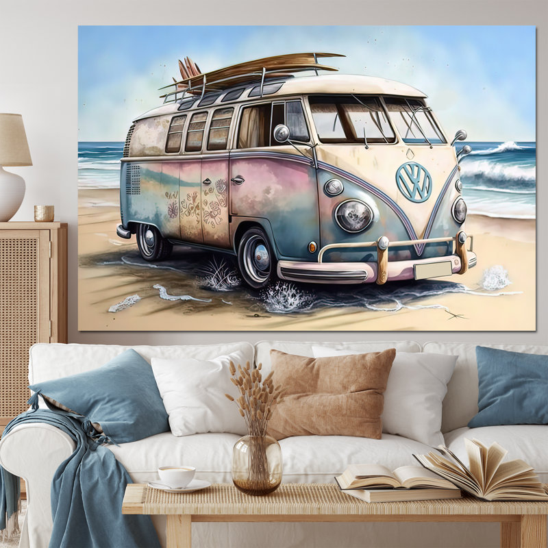 70S Surfing Van At The Beach I - Art mural sur toile plage
