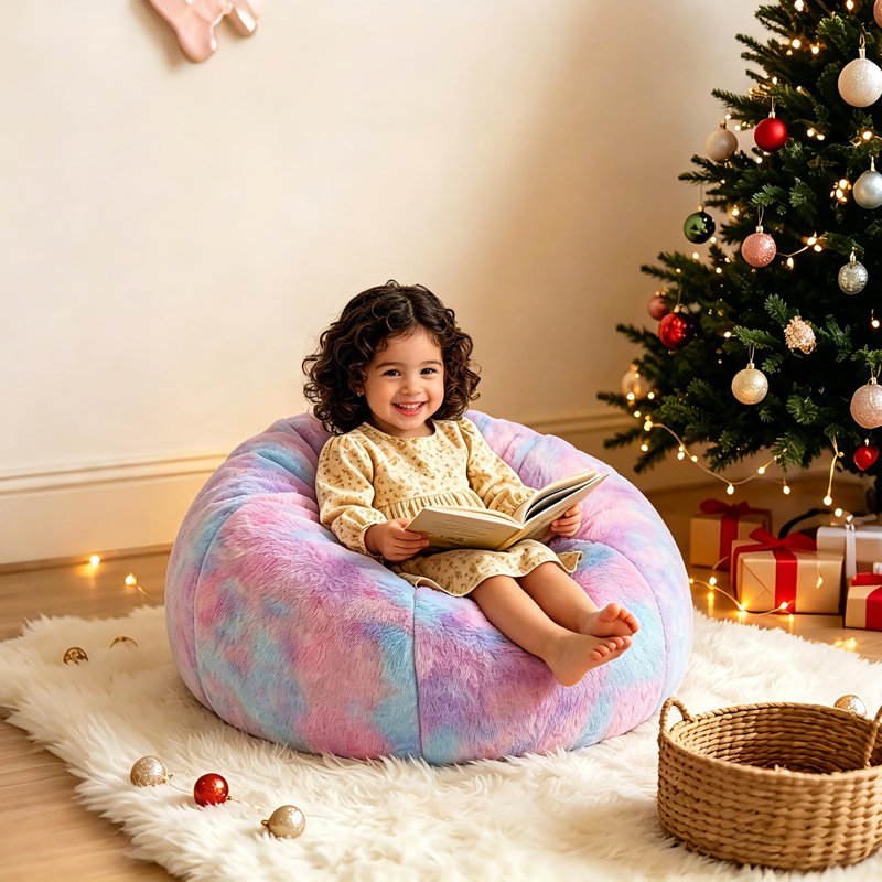 Fauteuil à billes arc-en-ciel en fausse fourrure de lapin pour enfants, LONG-2608D5HL-2
