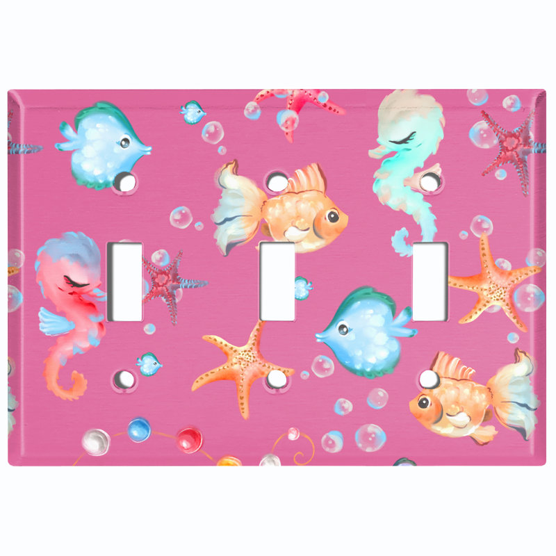 Mermaid Ocean Star Fish Bubbles Pink 3 - Gang Toggle Light Switch Standard Wall Plate