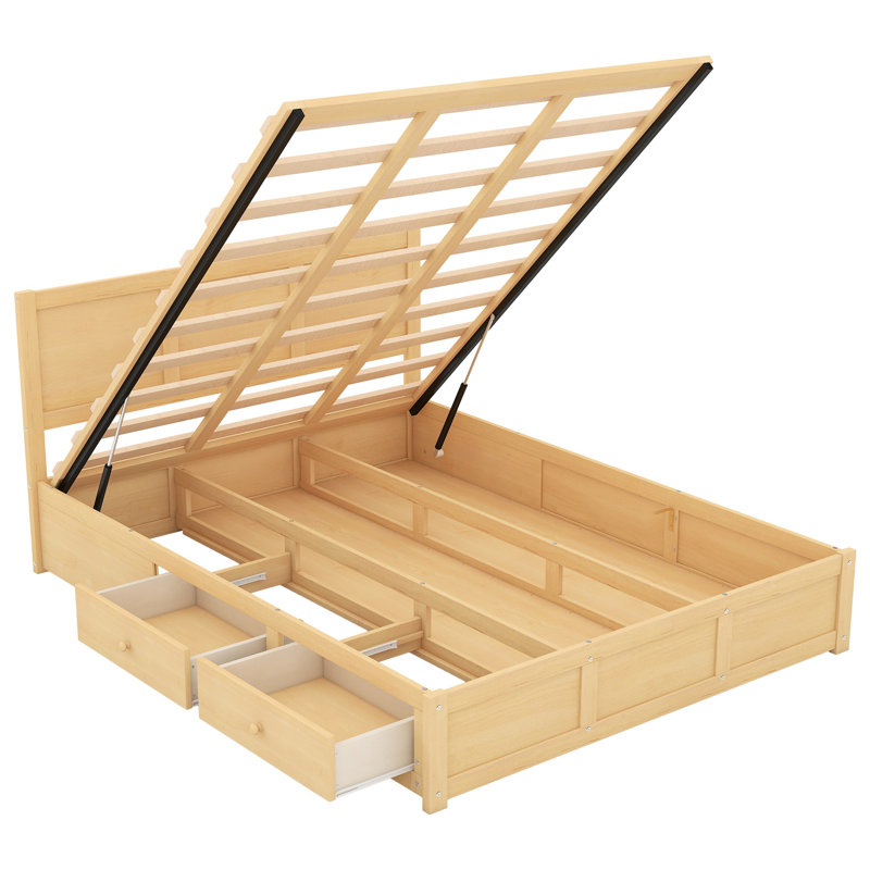 Queen Size Platform Bed With 2 Drawers And Storage - Breathable Design Natural Look
