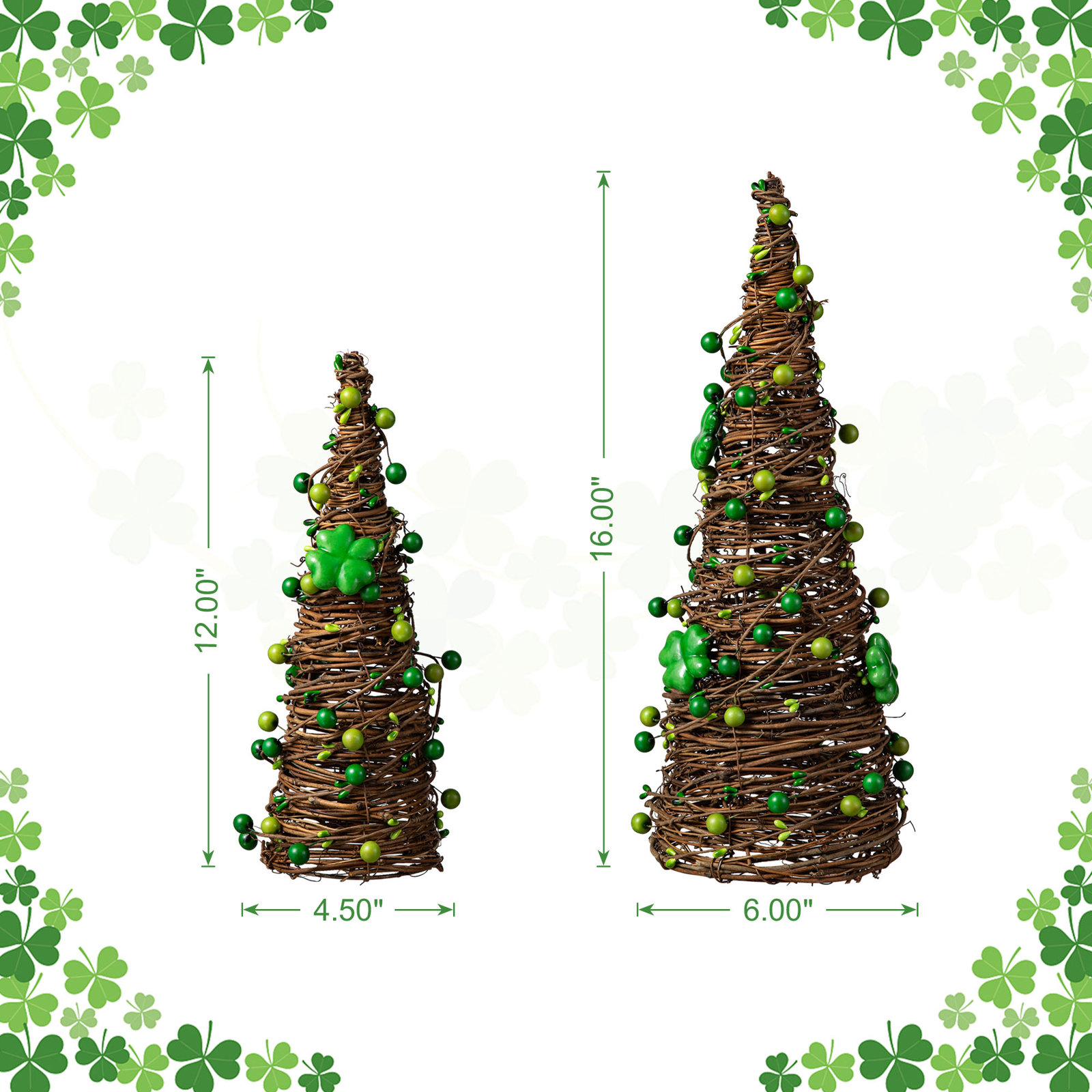 16"H Set Of 2 St. Patrick's Rattan Shamrock And Berries Table Tree
