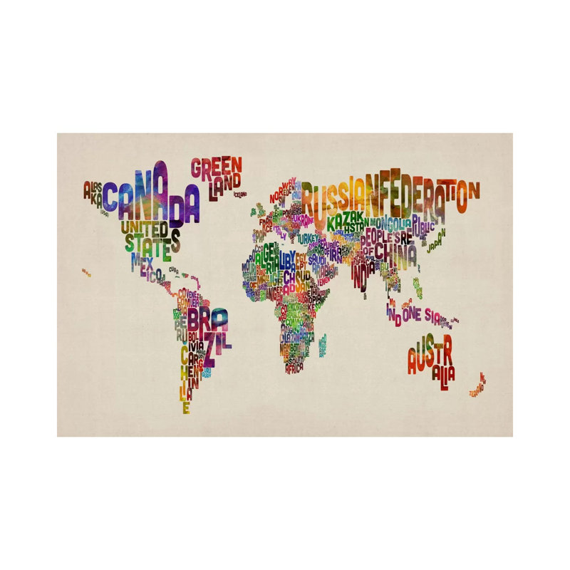 Typographic Text World Map VIII by Michael Tompsett - Wrapped Canvas Print