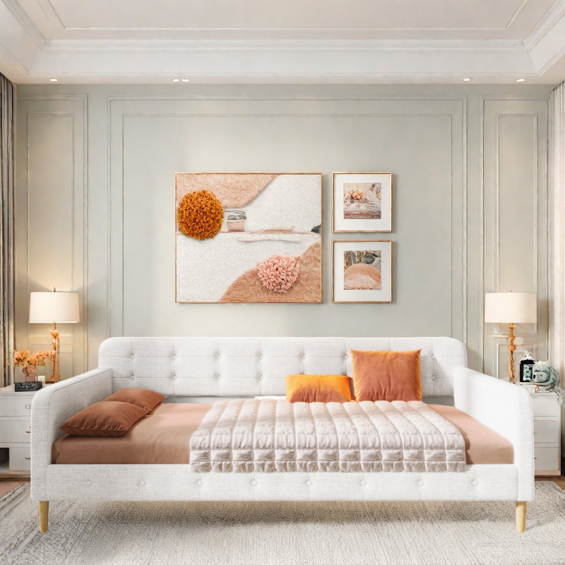 Upholstered Daybed With 4 Support Legs, Beige